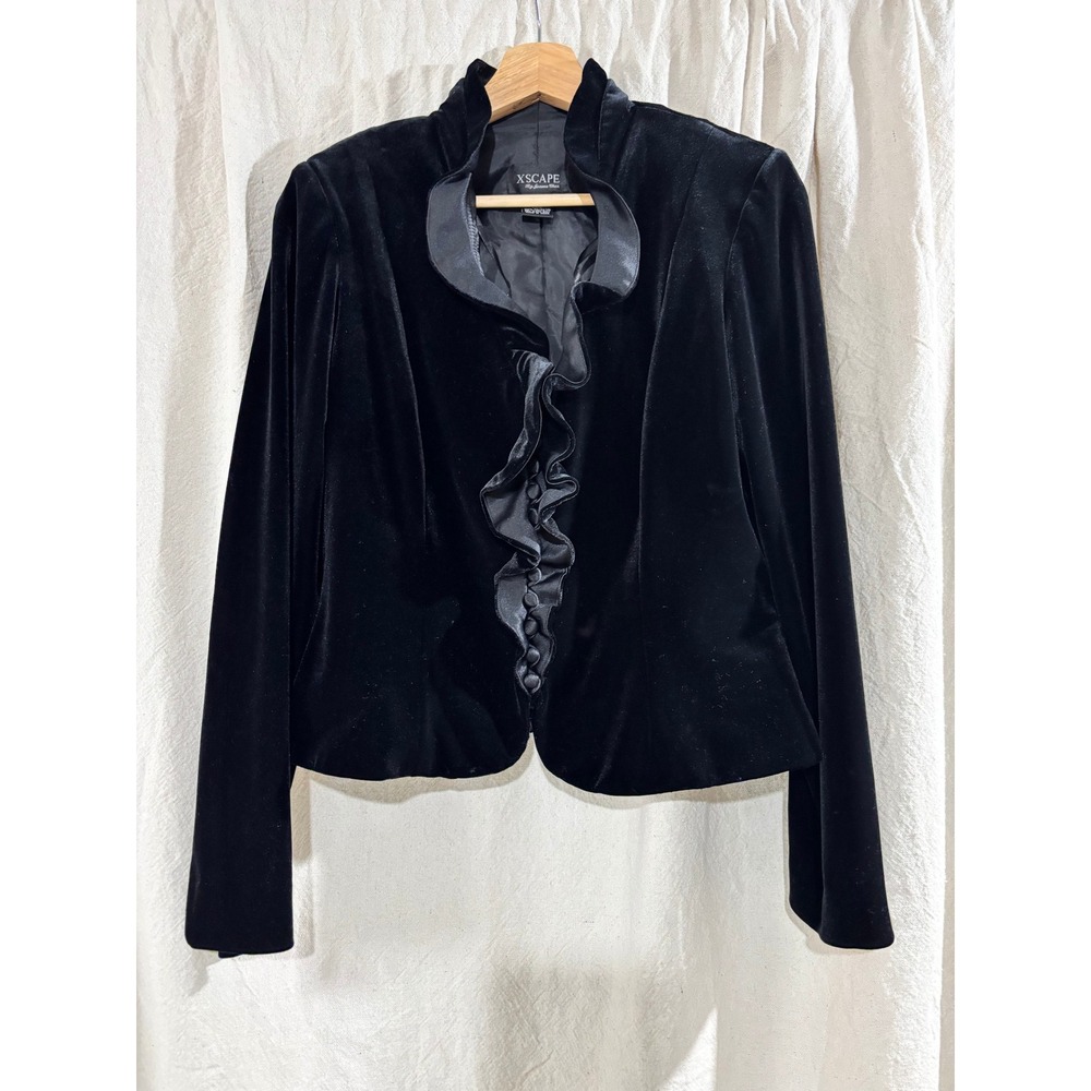 XSCAPE by Joanna Chen Vintage Y2K Black Velvet Ruffle Button Front Jacket Size 6